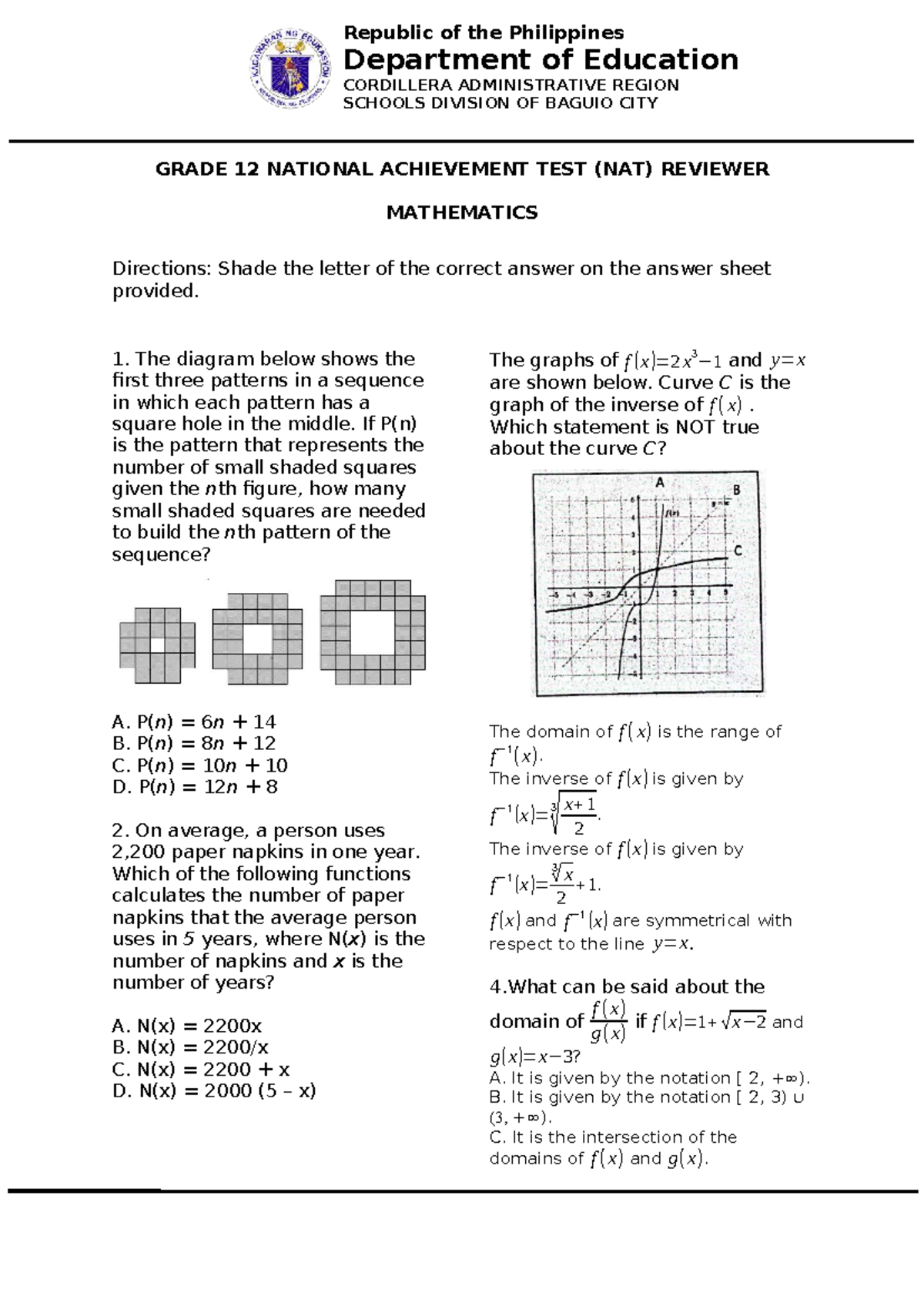 Grade 12 Mathematics NAT Review Materials (621164092) - Studocu
