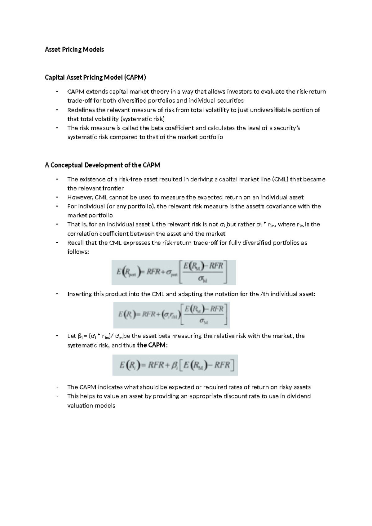 Asset Pricing Models: Understanding CAPM and APT Frameworks - Studocu