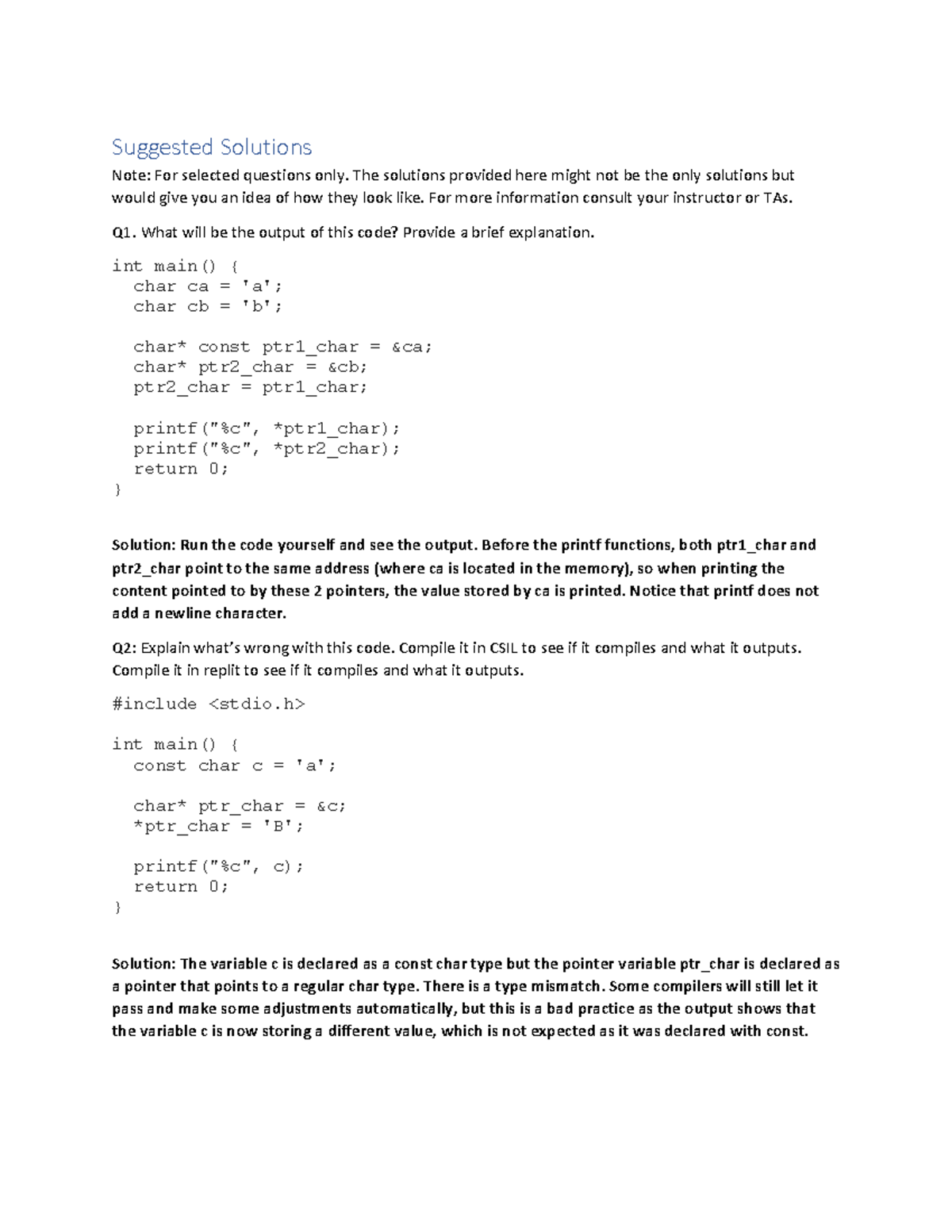 Practice Problems 01 Solution - Suggested Solutions Note: For selected ...