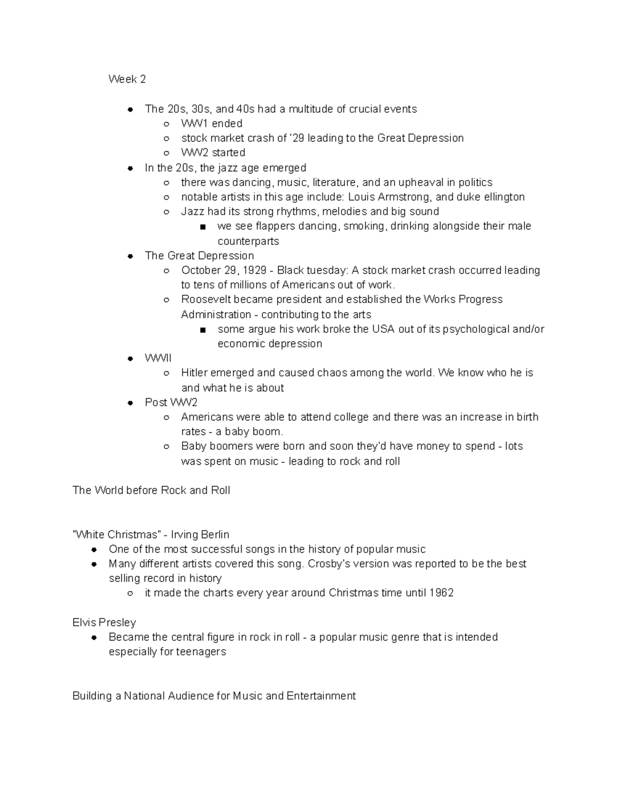 HIST 101: Week 2 Study Guide on 20s-40s Cultural Events and Music - Studocu