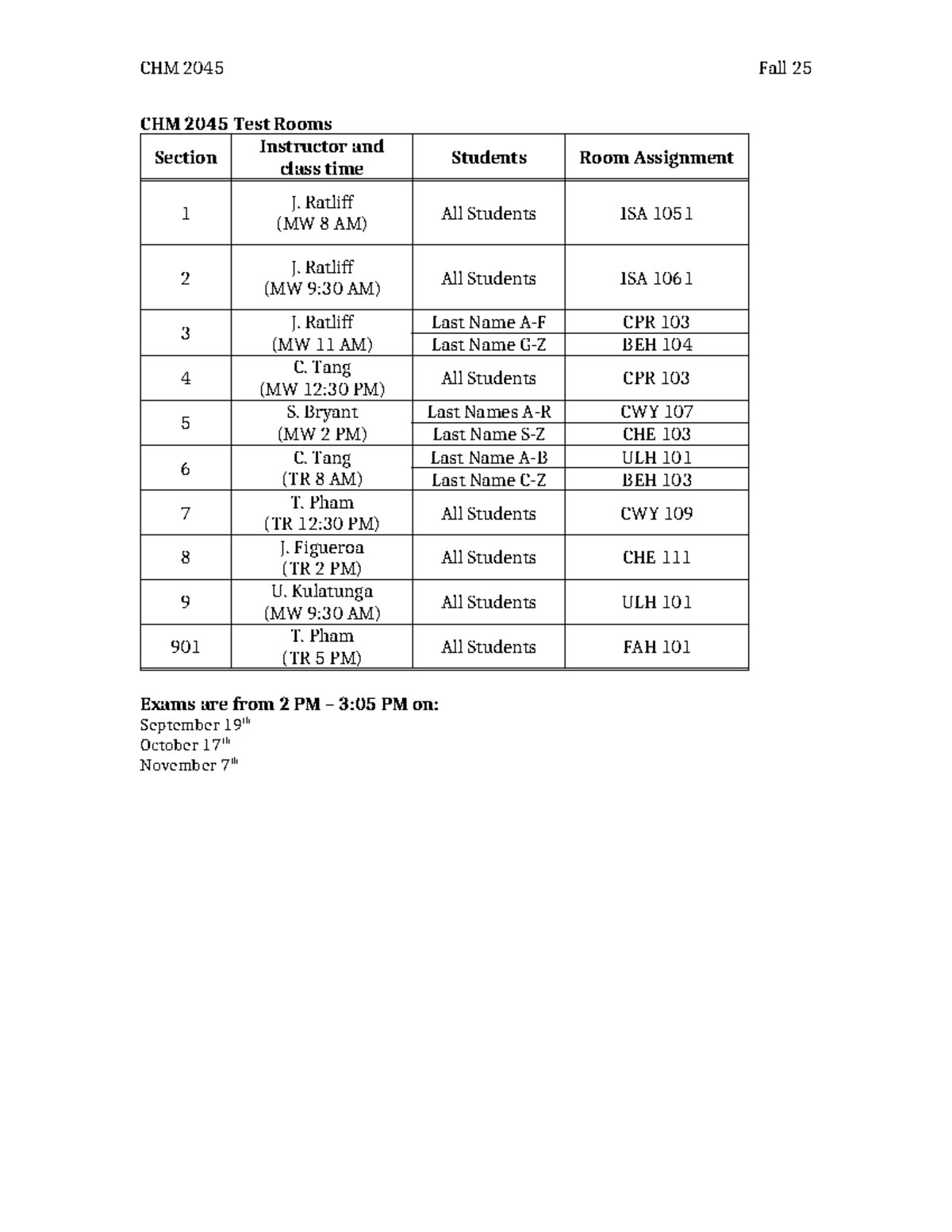 CHM 2045 Fall 25 Exam Room Assignments and Schedule - Studocu