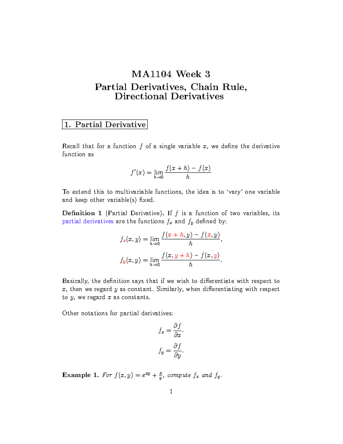 Week 03 Lecture Notes Printed - MA1104 Week 3 Partial Derivatives ...