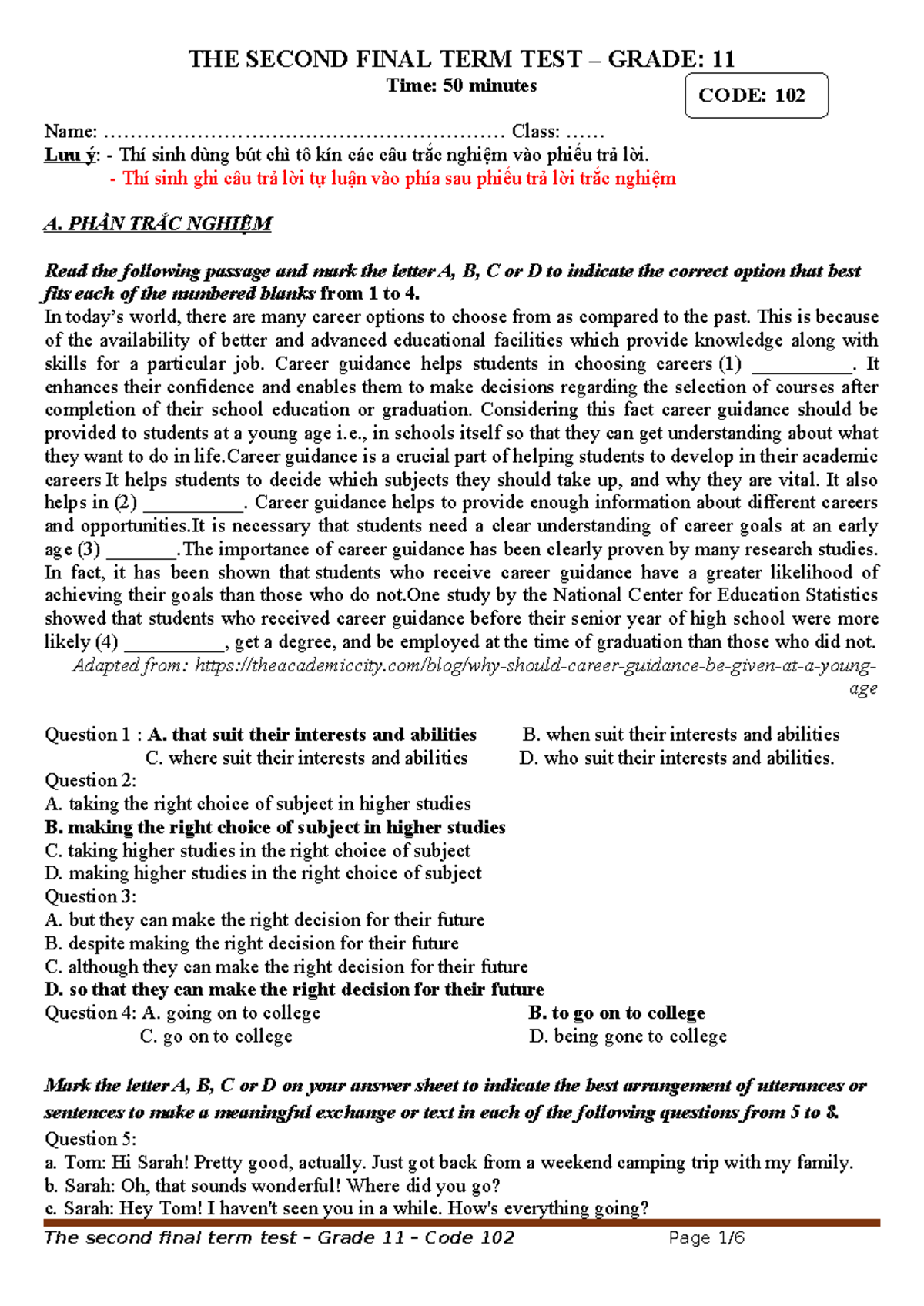Grade 11 Final Term Test Review - Code 102 - Studocu