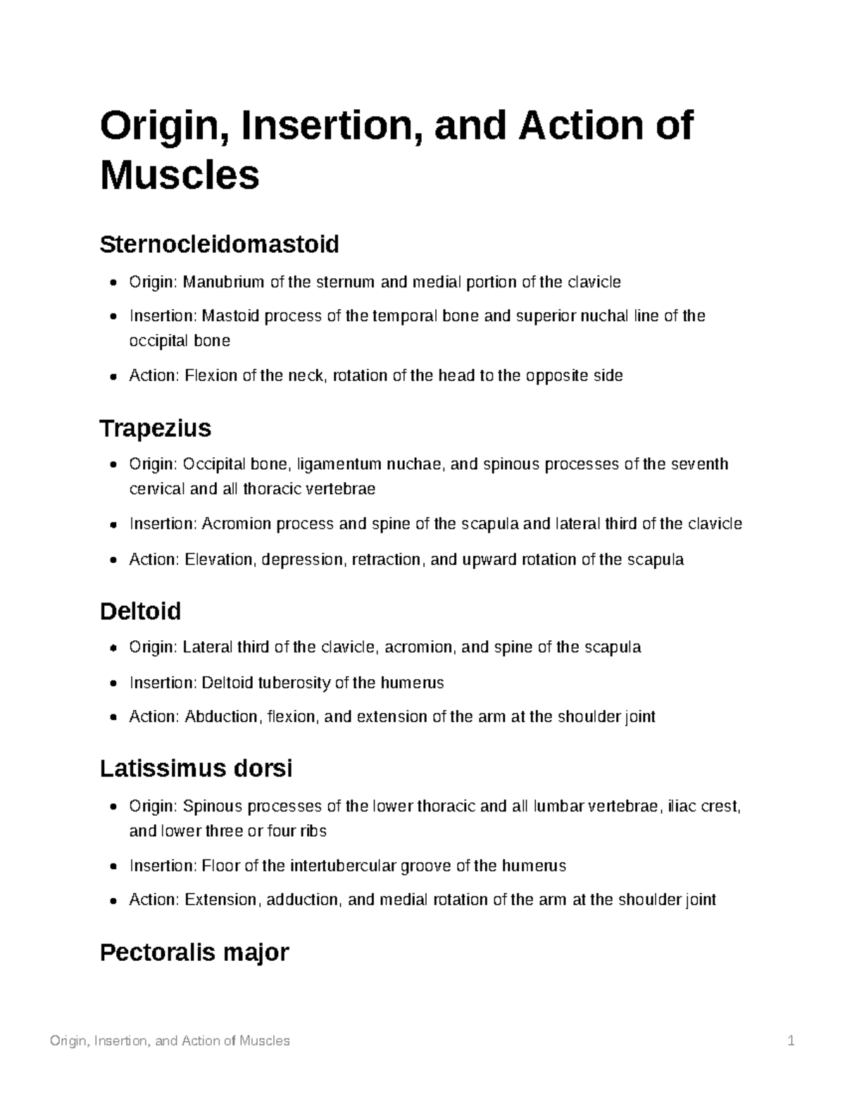 Muscle Anatomy: Origin, Insertion, and Action Notes (BIO101) - Studocu