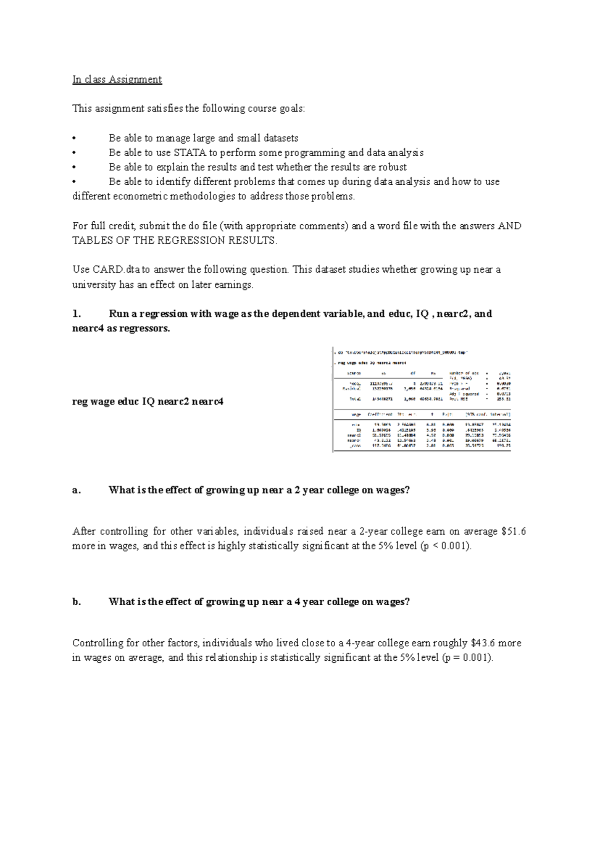 In-Class Assignment: Analyzing CARD Dataset with STATA - Studocu