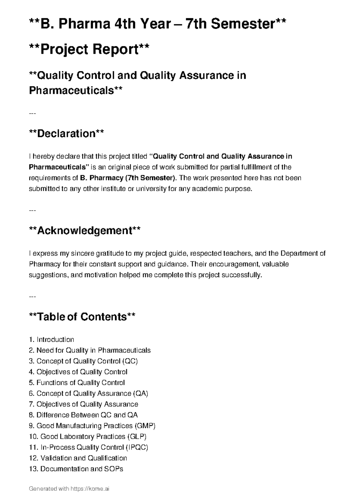 Pharma 4th Year B. Pharmacy Project: Control & Quality Assurance - Studocu
