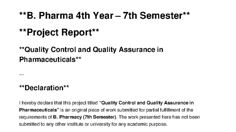 Pharma 4th Year B. Pharmacy Project: Control & Quality Assurance - Studocu