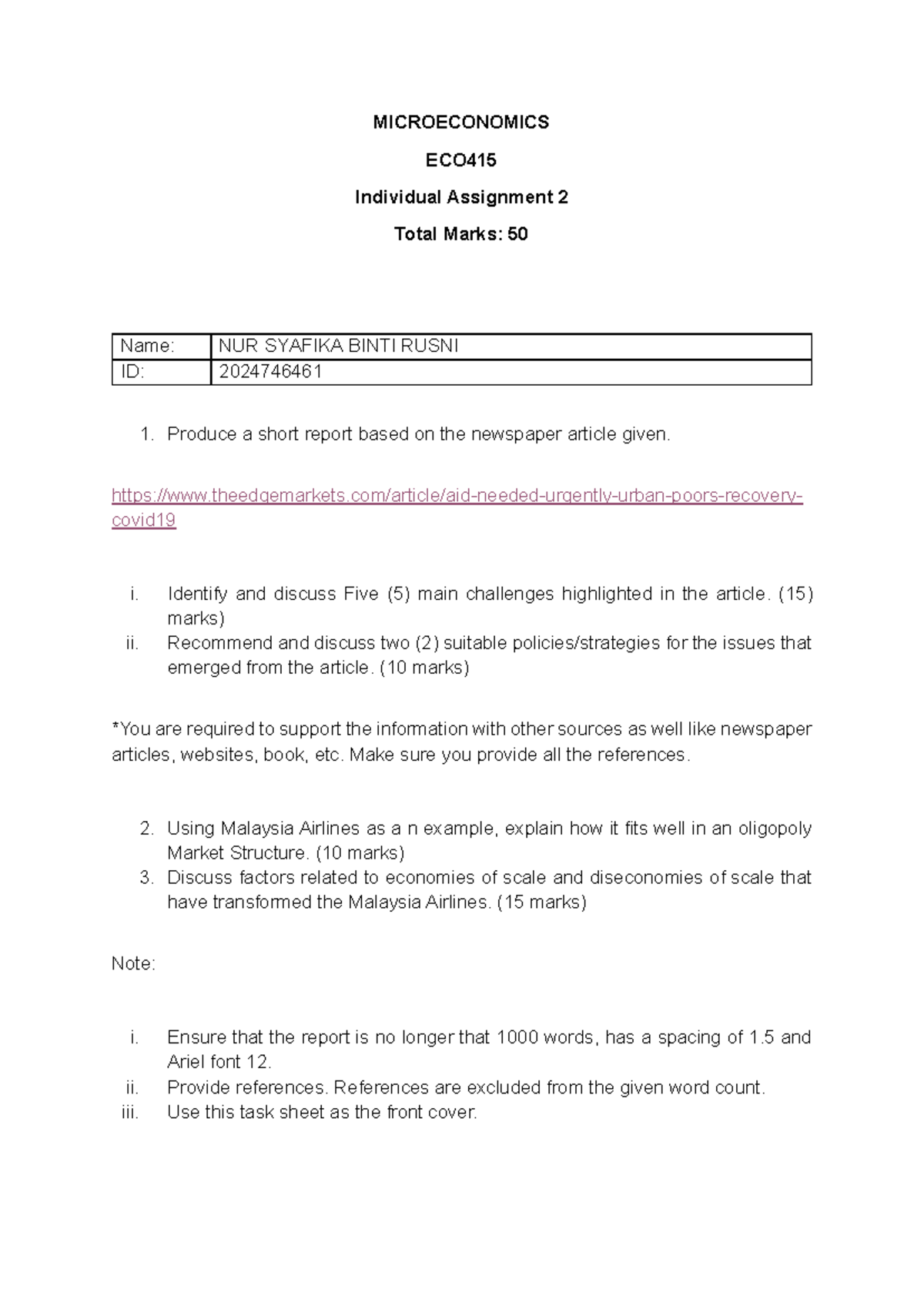 ECO415 Microeconomics Individual Assignment 2 Report on Malaysia ...