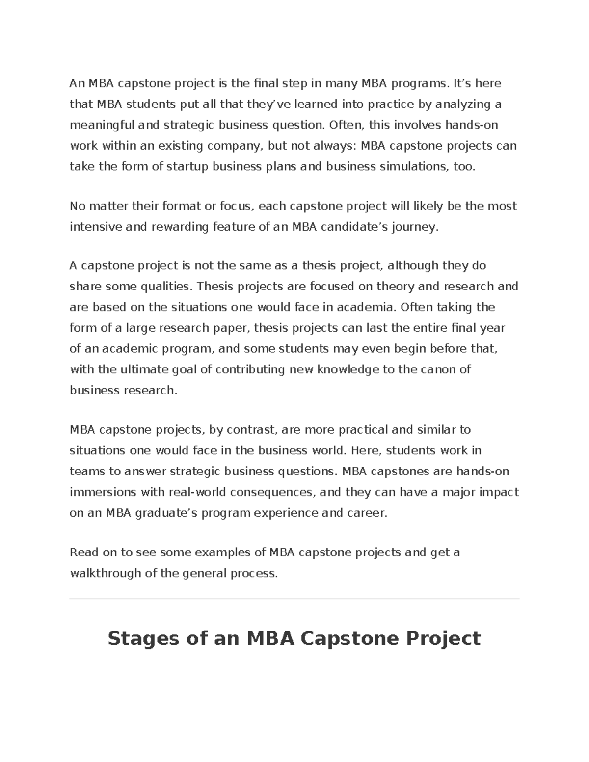 MBA Capstone Project Overview: Key Stages and Examples - Studocu