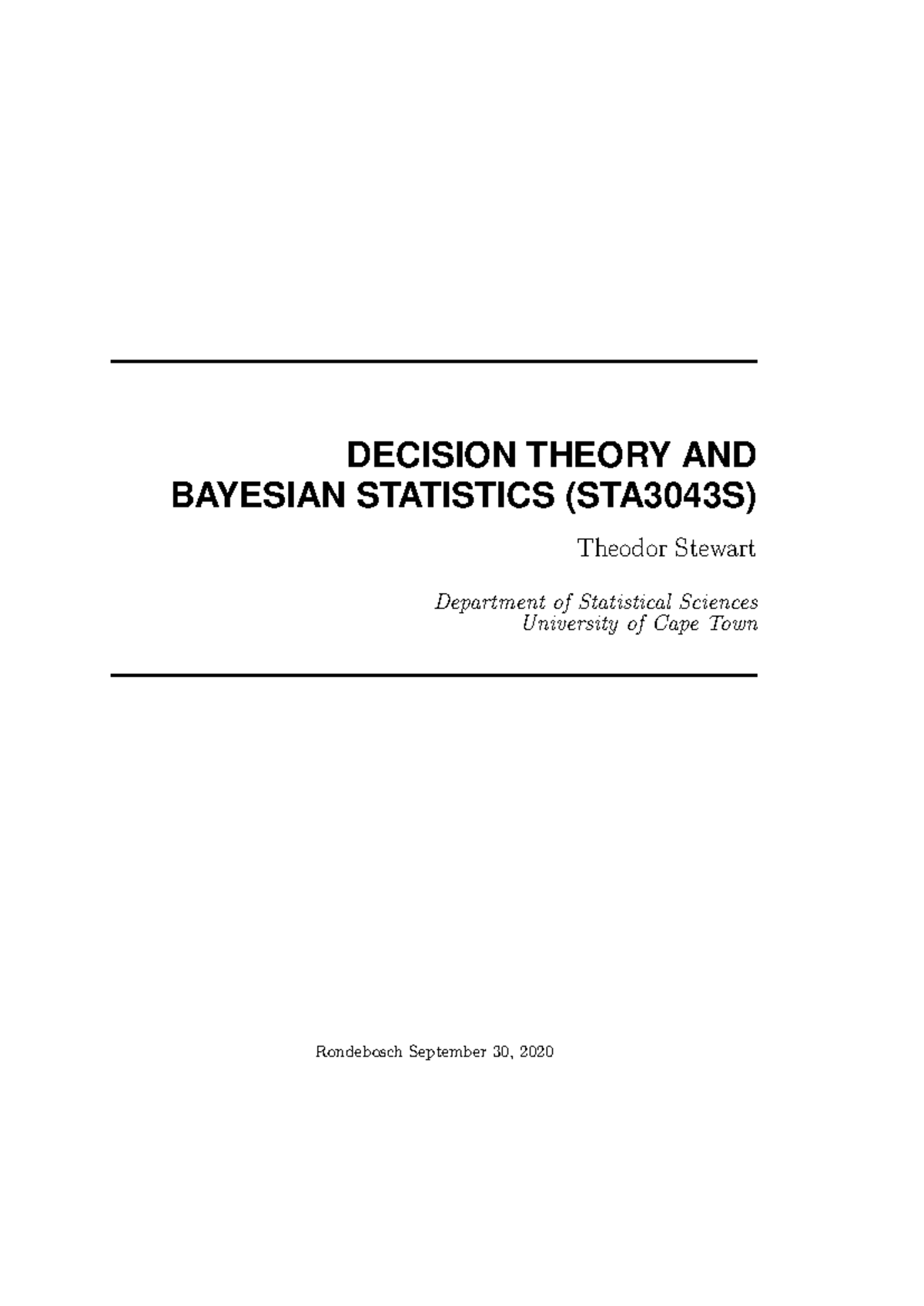 Bayesian Analysis Class Notes (STA3043S) - Comprehensive Overview - Studocu