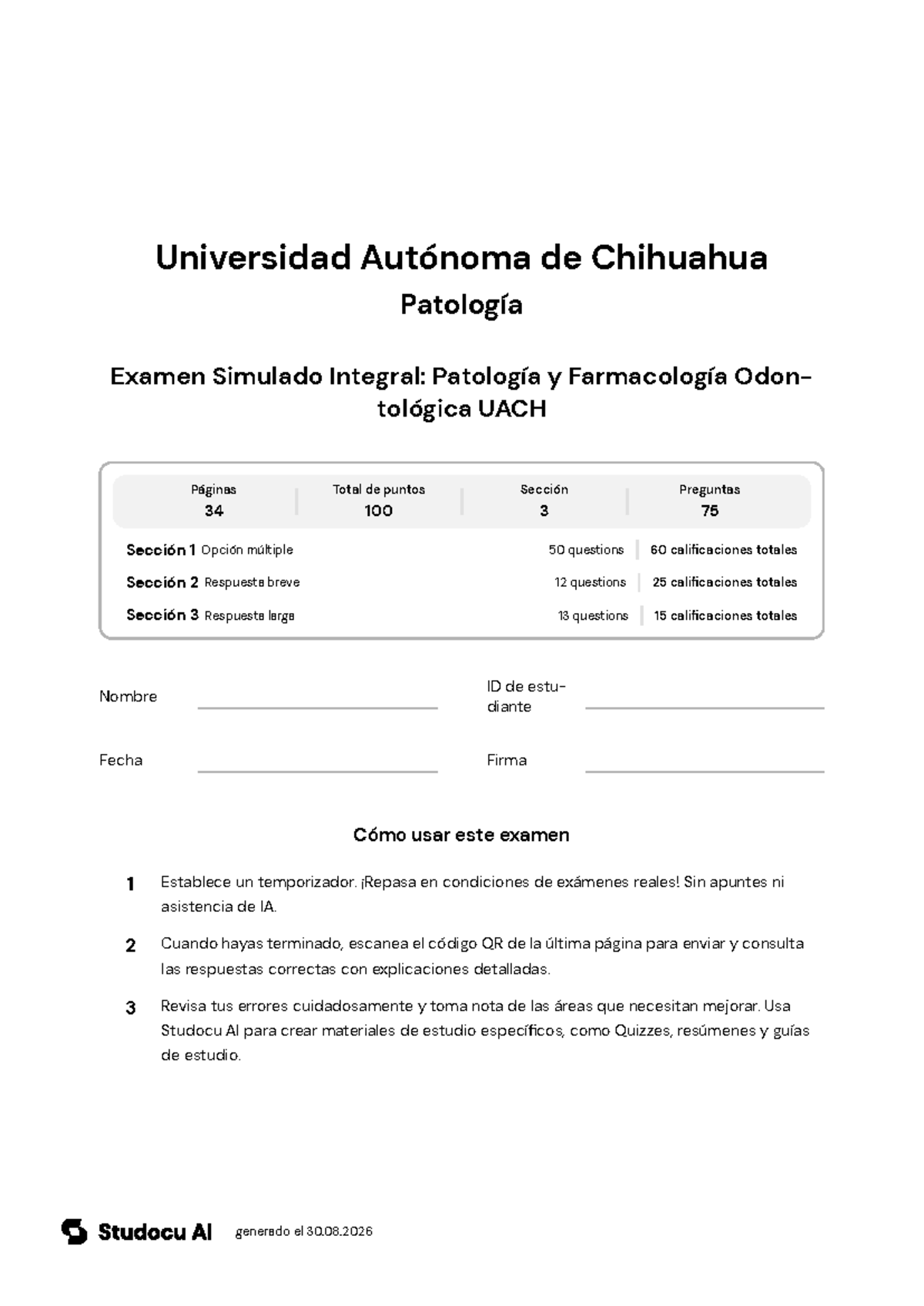 Examen Simulado Integral: Patología y Farmacología Odontológica UACH ...
