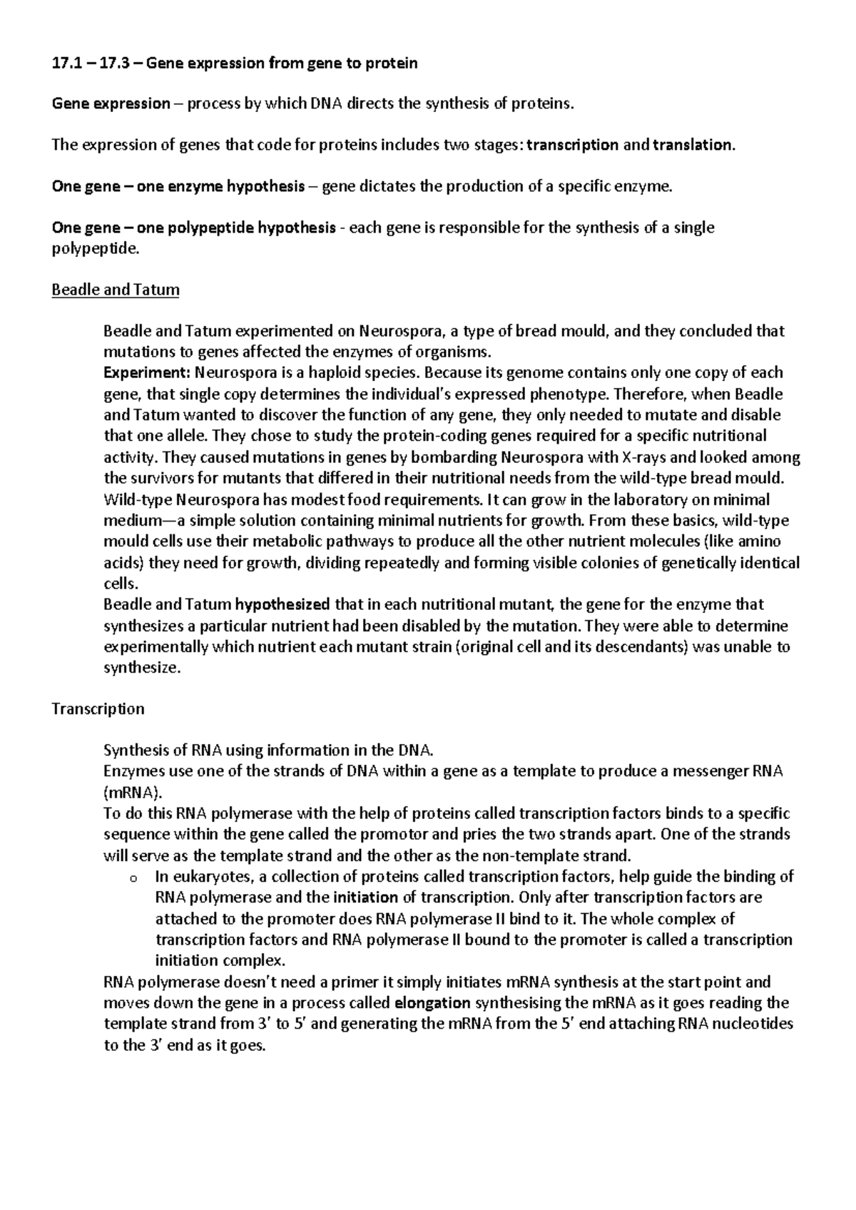 BIOL1020 Week 5-8 Notes - 17 – 17. 3 – Gene expression from gene to ...