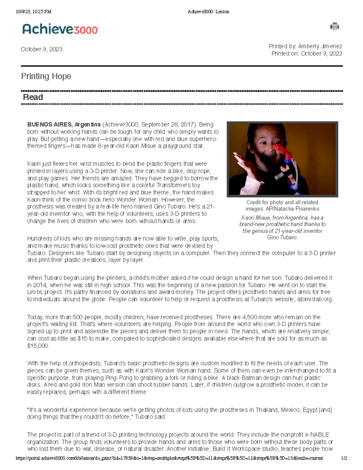 Achieve3000: Lesson on 3D Printing Hope for Community Change - Studocu