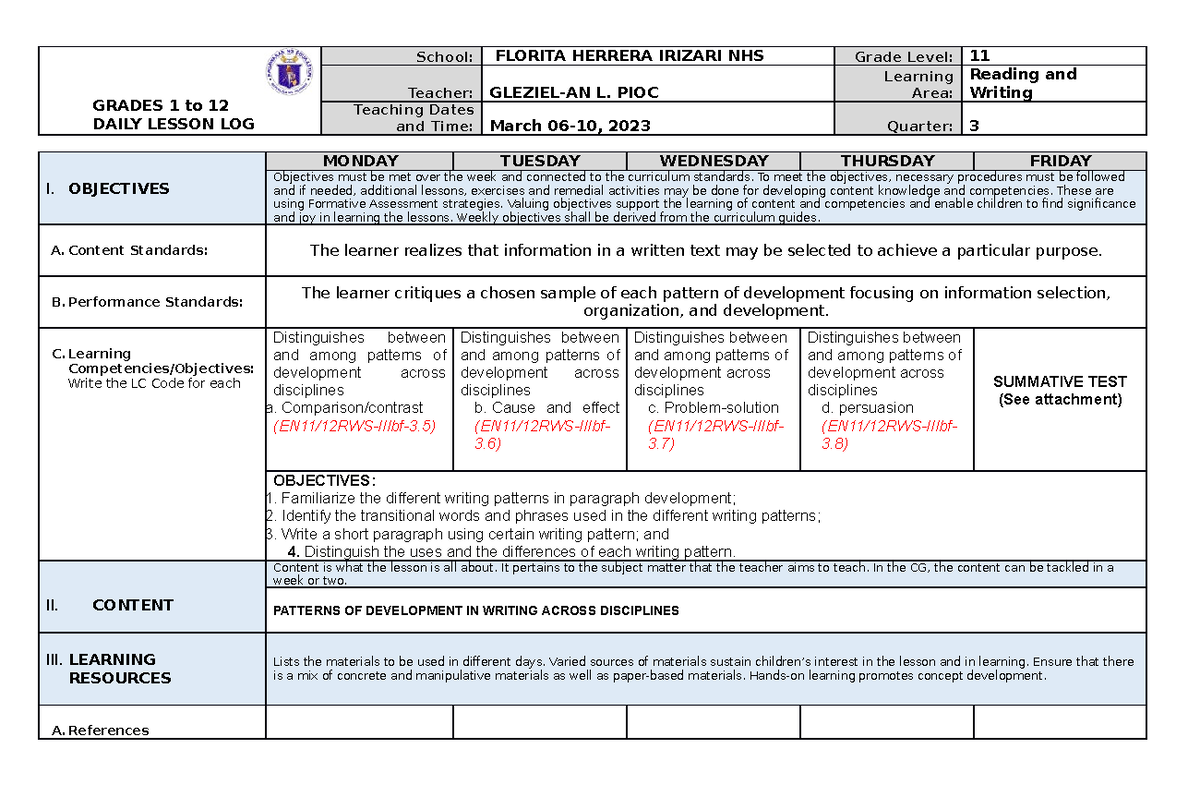 DLL (March 6-10) - Daily Lesson Plan - GRADES 1 to 12 DAILY LESSON LOG ...