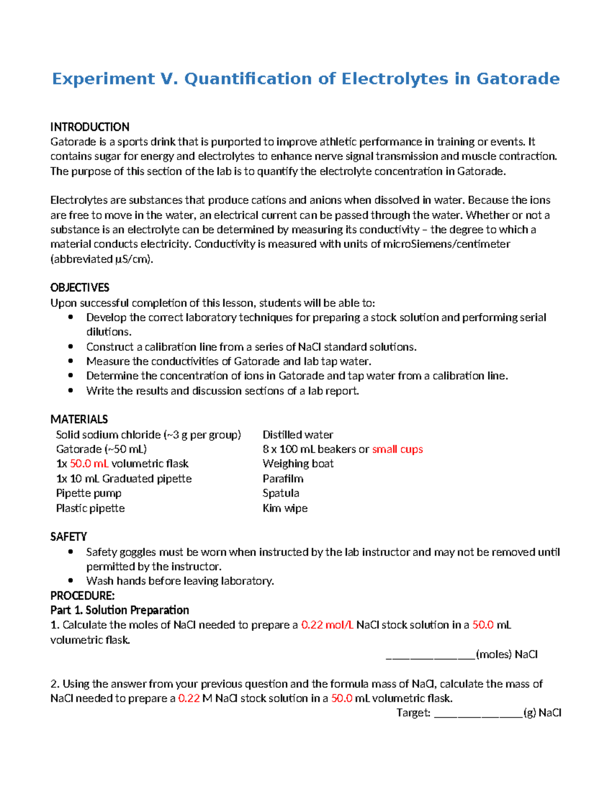 Exp V: Lab Analysis of Electrolyte Concentration in Gatorade - Studocu