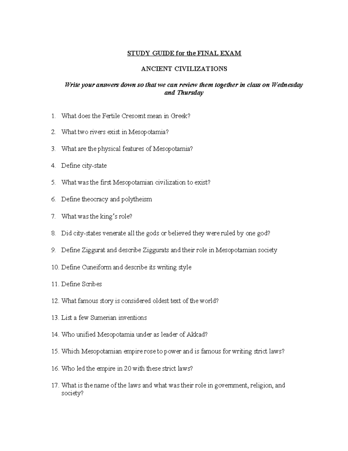 Study Guide for the Final Exam: Ancient Civilizations - Studocu