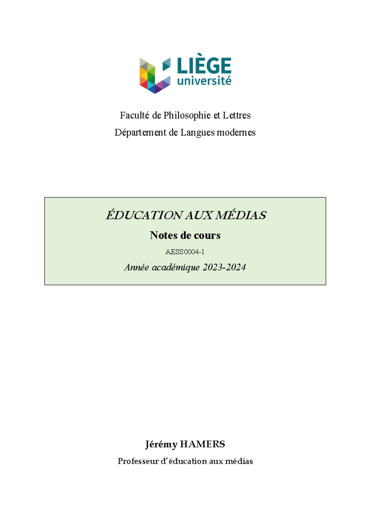 Notes de Cours sur l'Éducation aux Médias - AESS 0004 - 2023-2024 - Studocu