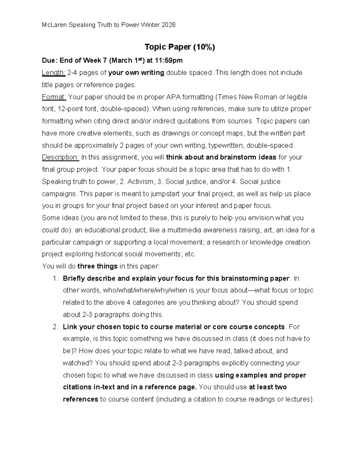 McLaren Speaking Truth to Power Winter 2026: Brainstorming Paper Guide ...