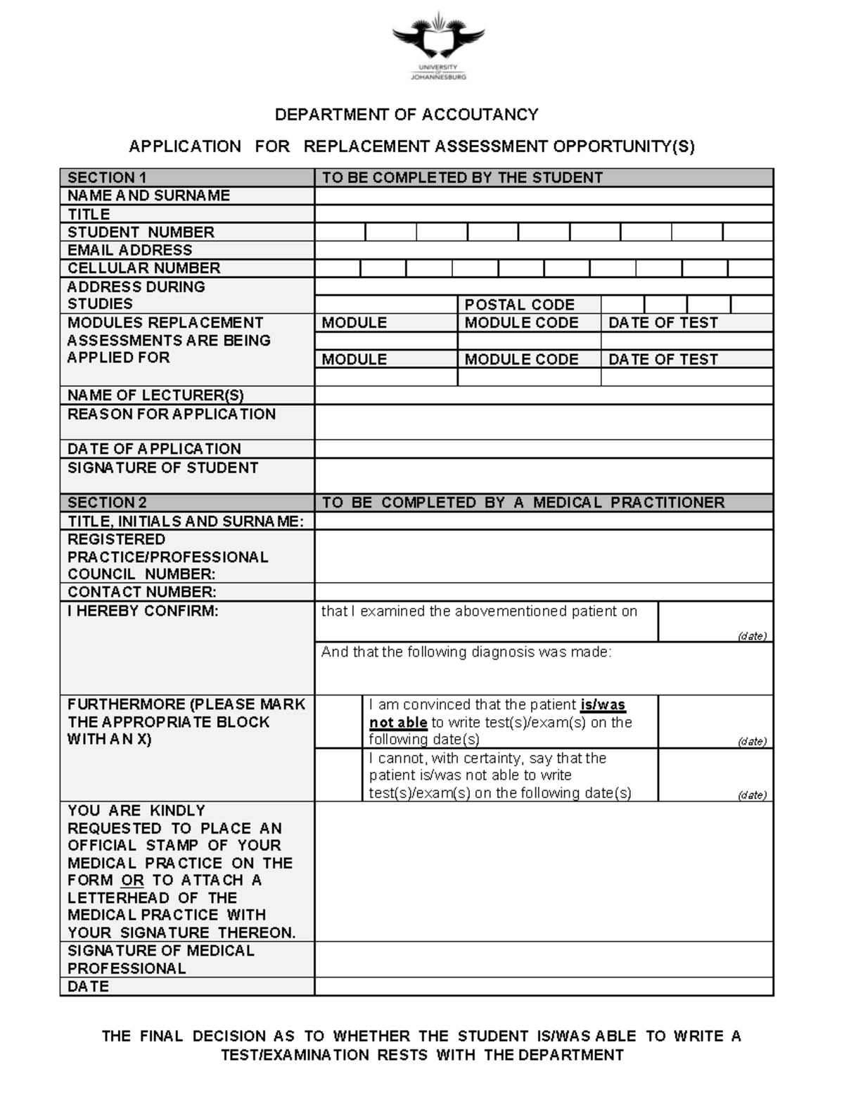 ACCT 101 Replacement Assessment Application Form - Studocu