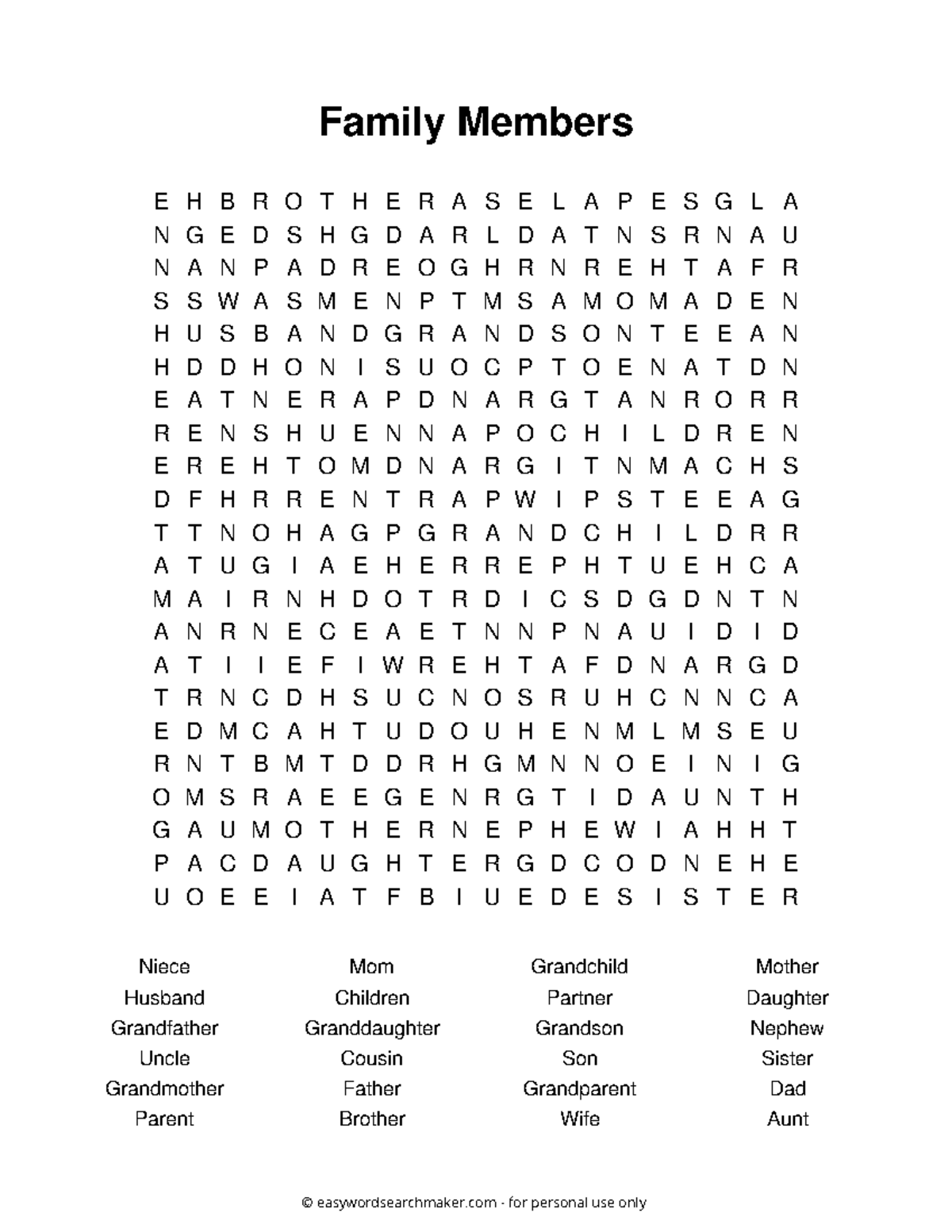 Family Members Word Search Puzzle Activity - Studocu