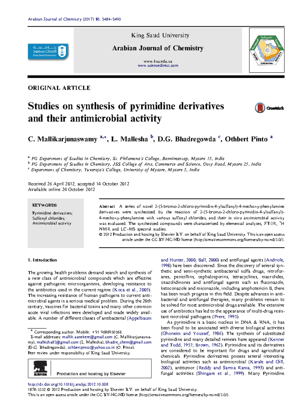 Synthesis of Pyrimidine Derivatives and Antimicrobial Activity Studies ...