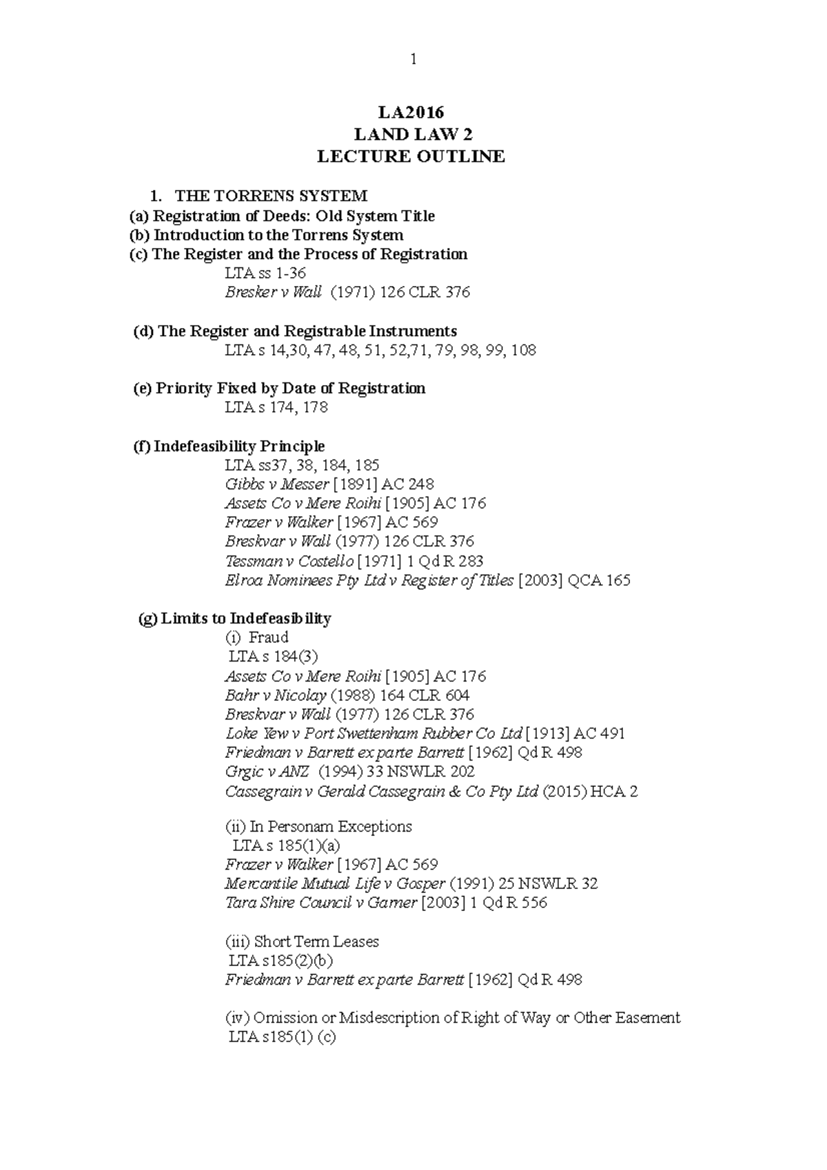 Lecture Notes - Land Law 2: The Torrens System and Indefeasibility ...