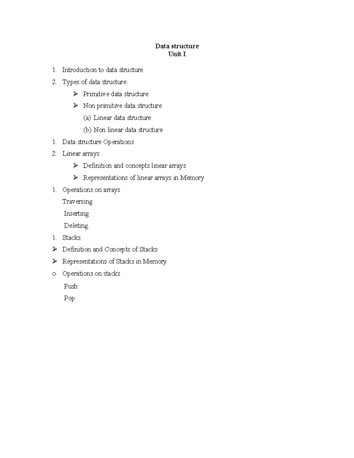 Data Structure Unit I: Introduction, Types, and Operations - Studocu