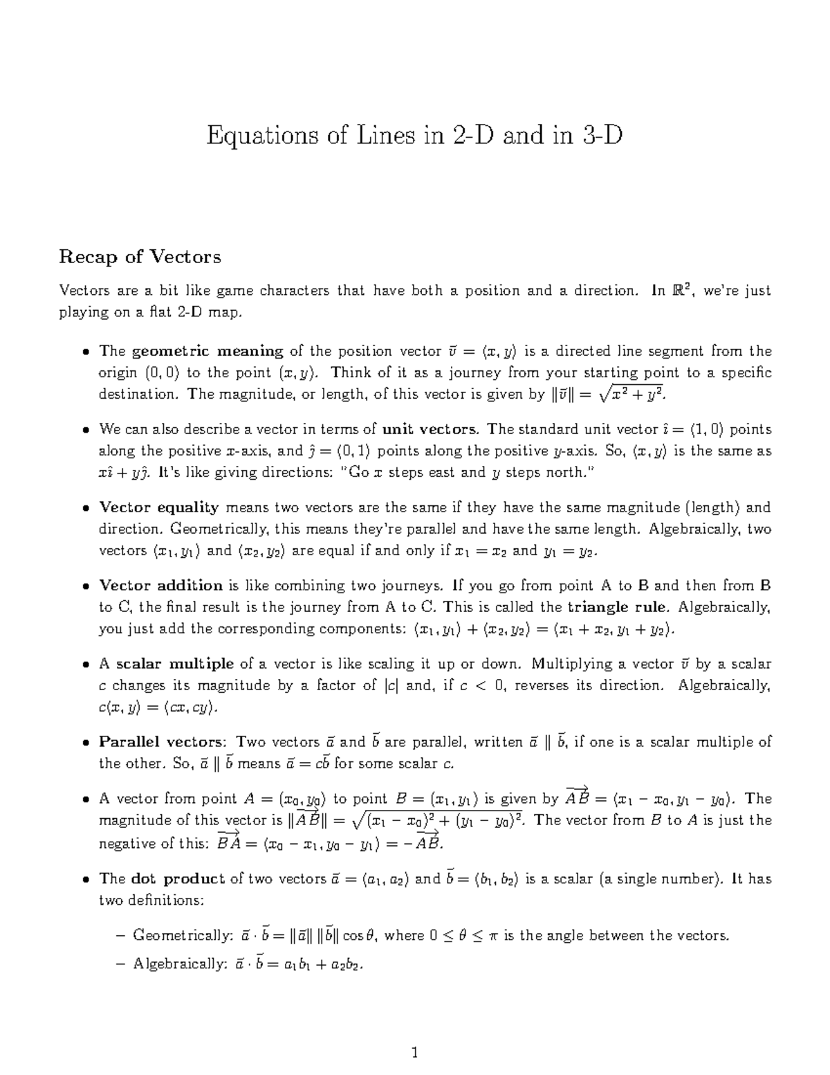 Wk08Lec01 Equations of Lines and Vectors Recap - Studocu
