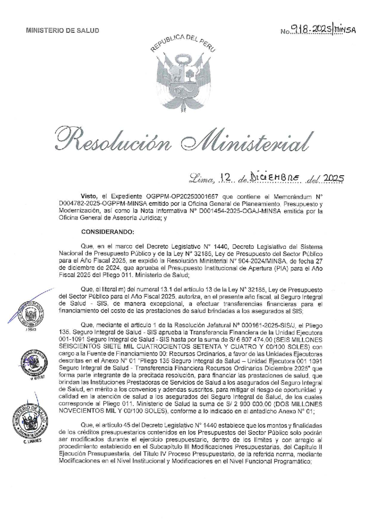 Resolución Ministerial N° 918-2025 del MINSA sobre Presupuesto 2025 ...