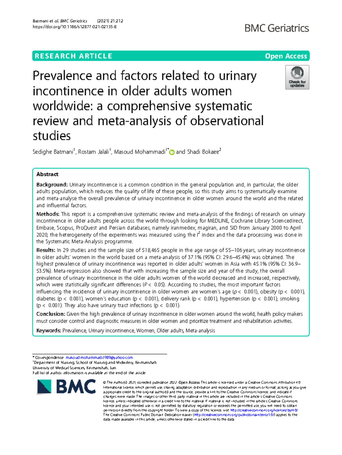 Prevalence and Risk Factors of Urinary Incontinence in Older Women: A ...