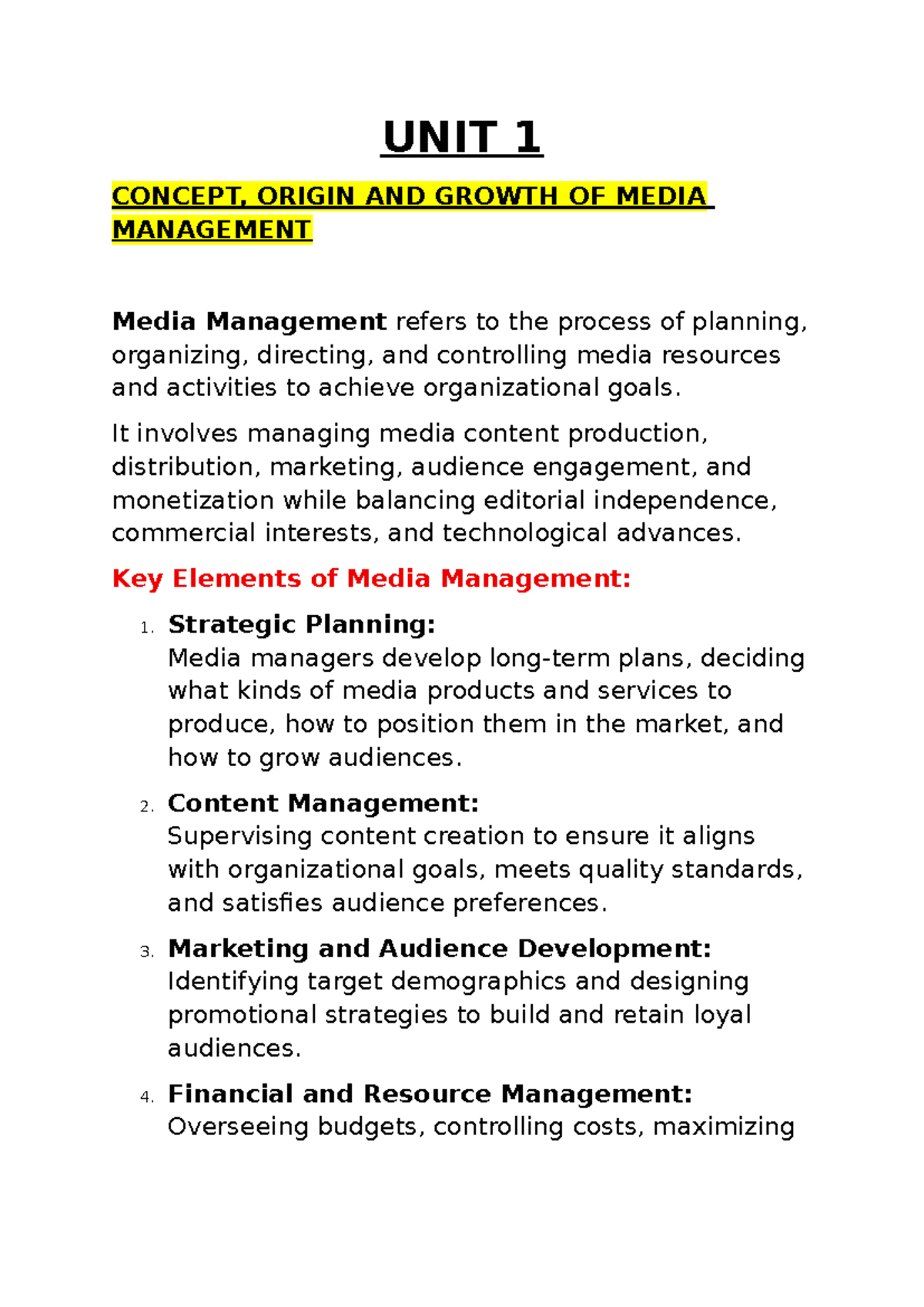 UNIT 1 PART 1 MIM - CONCEPTS AND GROWTH OF MEDIA MANAGEMENT - Studocu