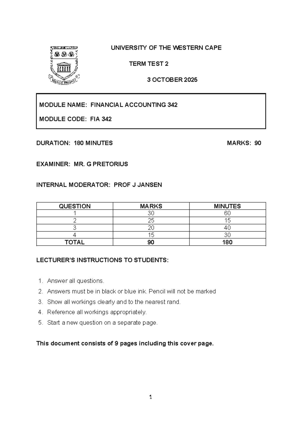 FIA 342 Term Test 2: Financial Accounting Questions & Instructions ...