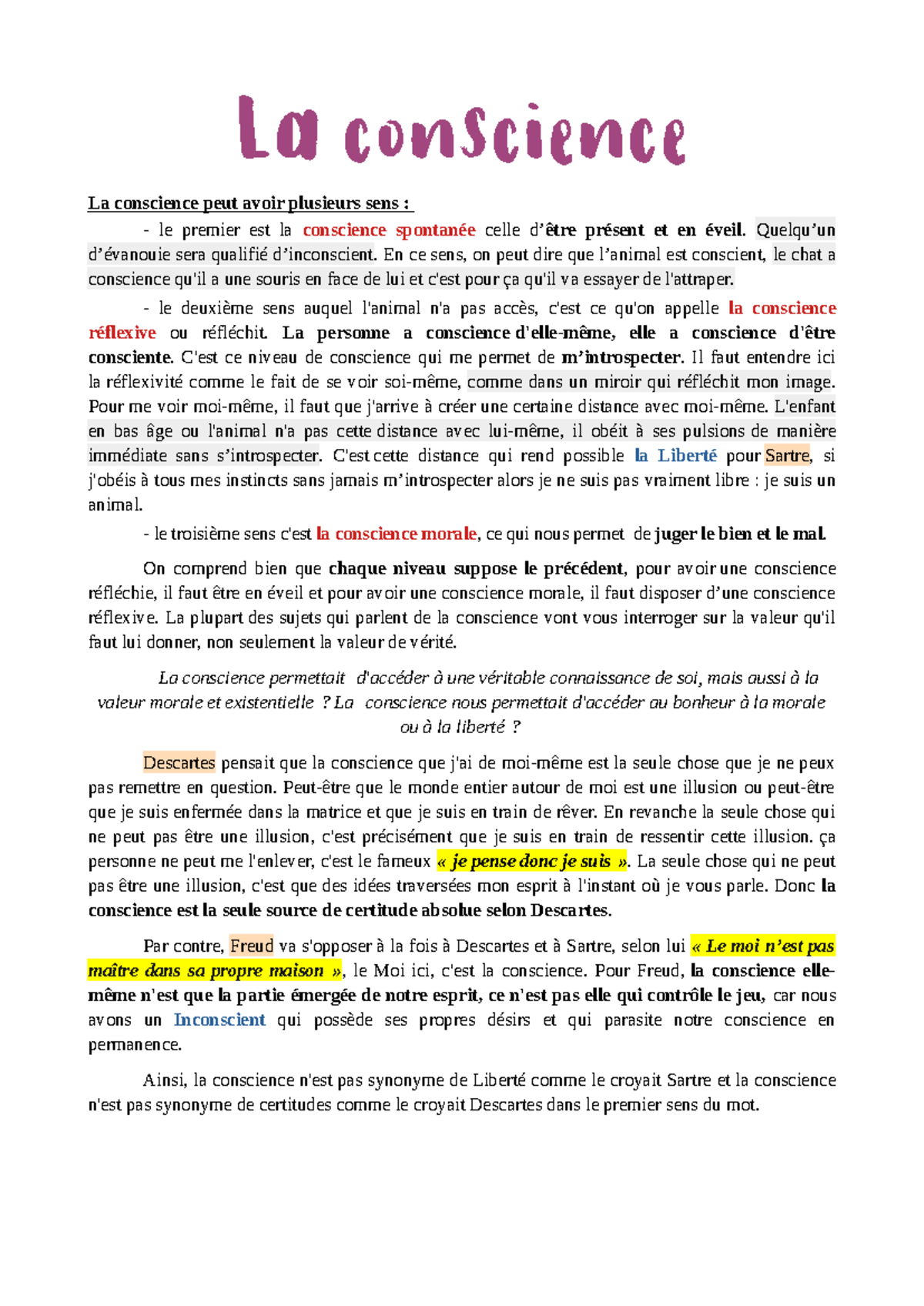 Philo a-z - La conscience La conscience peut avoir plusieurs sens ...