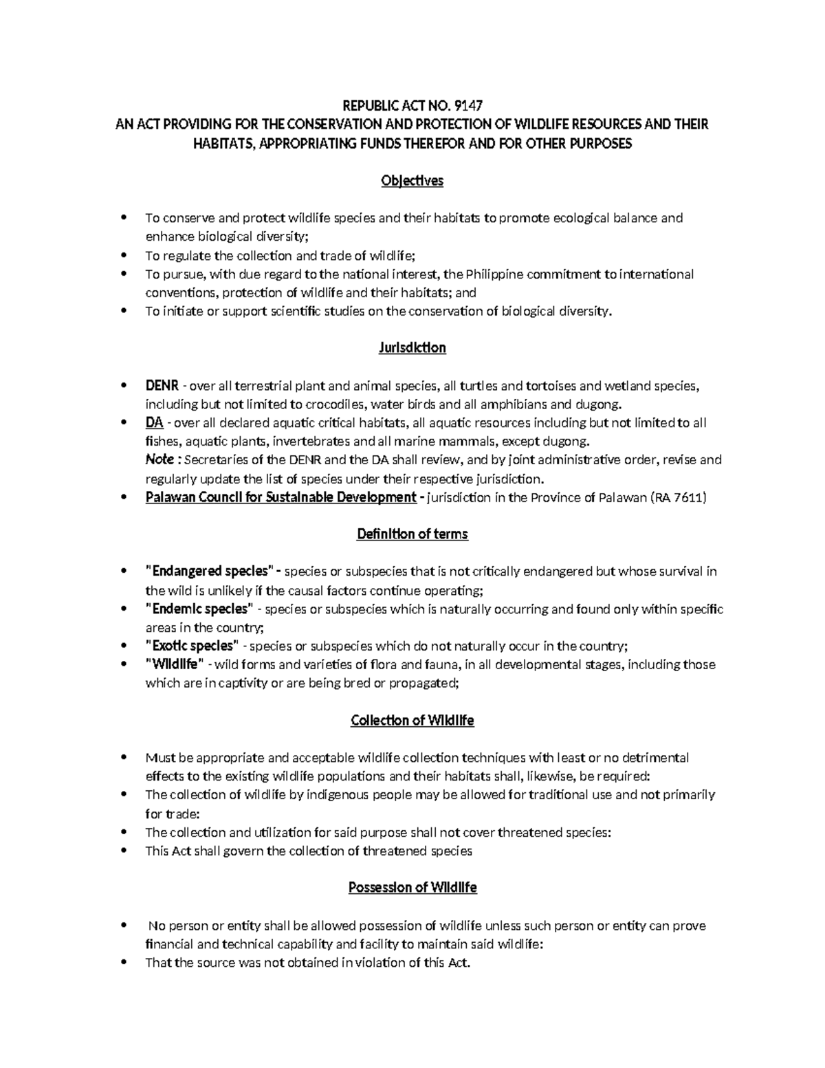 RA 9147 - Wildlife Act: Conservation and Protection Summaries - Studocu