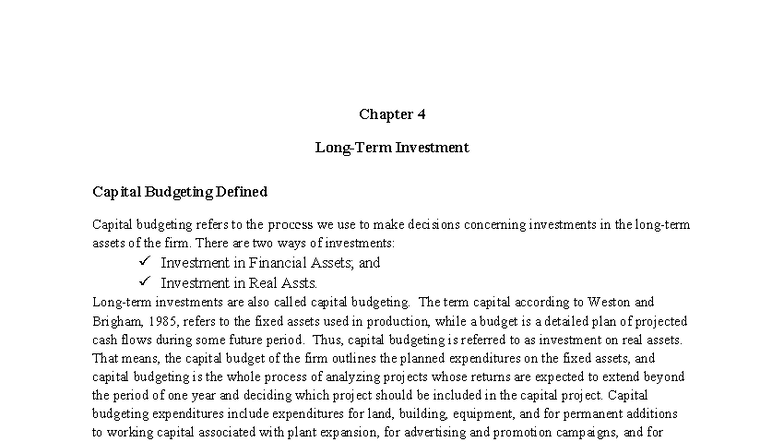 Financial Management: Chapter 4 - Investment Capital Budgeting - Studocu