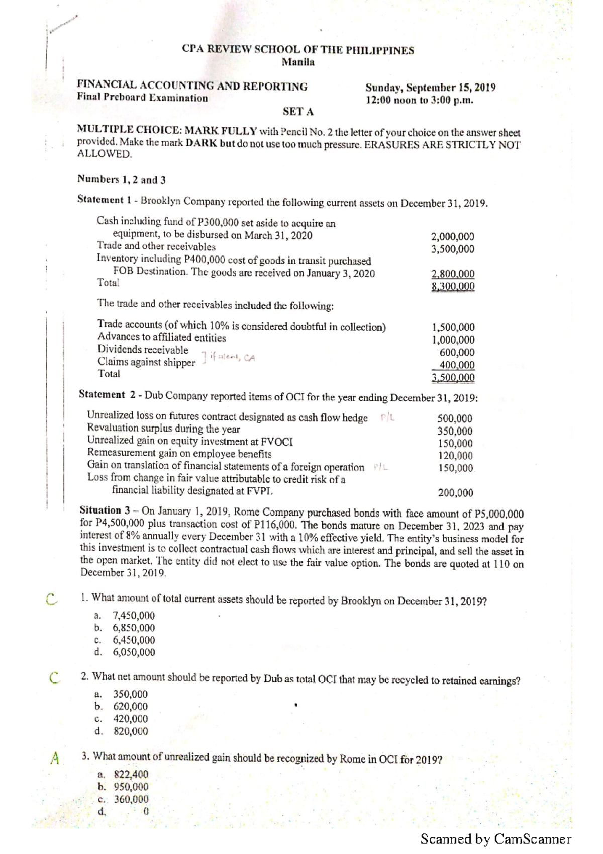 CPA 2019 FINANCIAL ACCOUNTING & REPORTING Final Preboard Exam Set A ...
