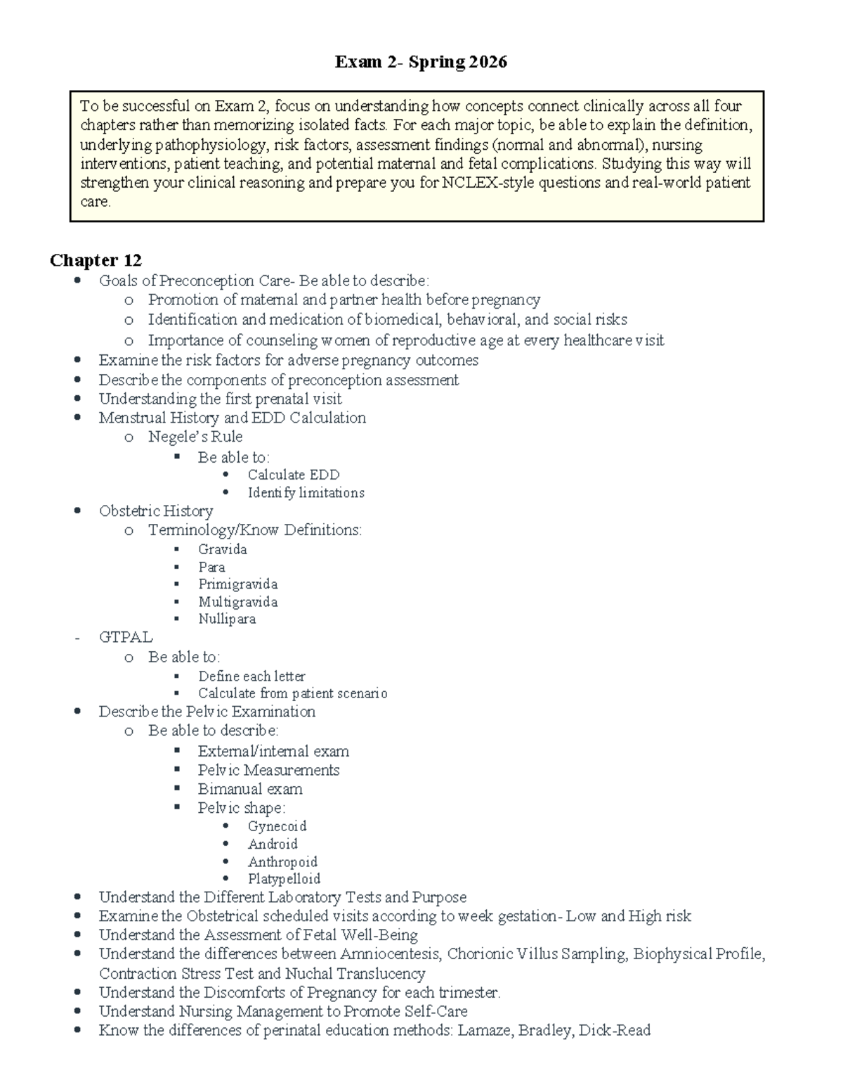 OB Exam 2 Study Guide - Spring 2026: Key Concepts & Clinical ...