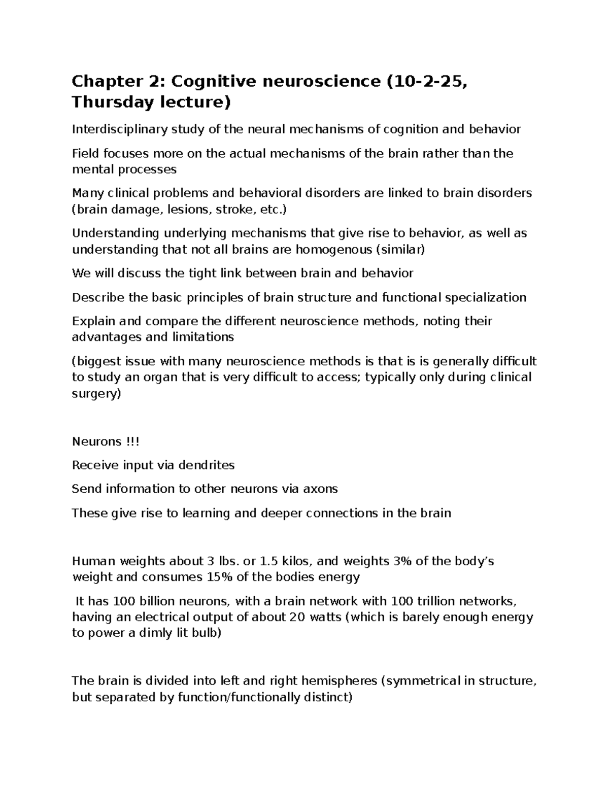 Cognitive Neuroscience (PSY 301): Chapter 2 Lecture Notes on Brain ...