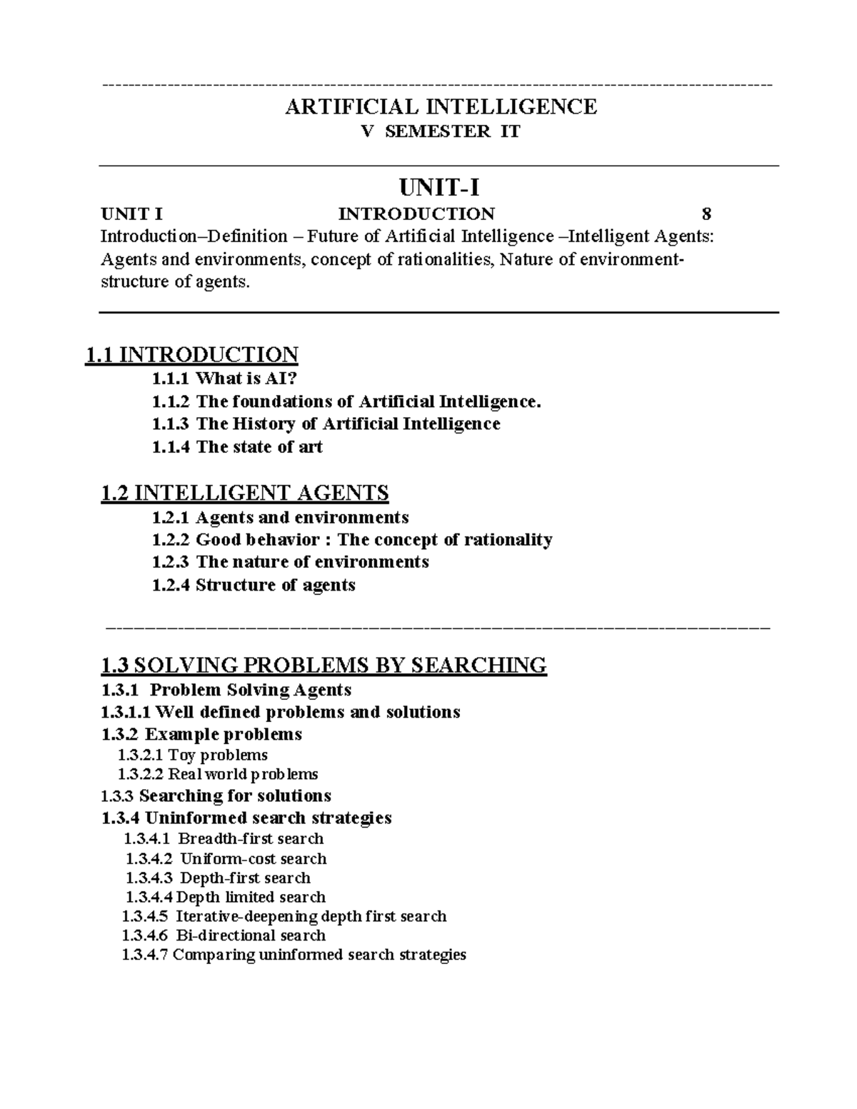 Notes - ARTIFICIAL INTELLIGENCE V SEMESTER IT UNIT-I UNIT I ...