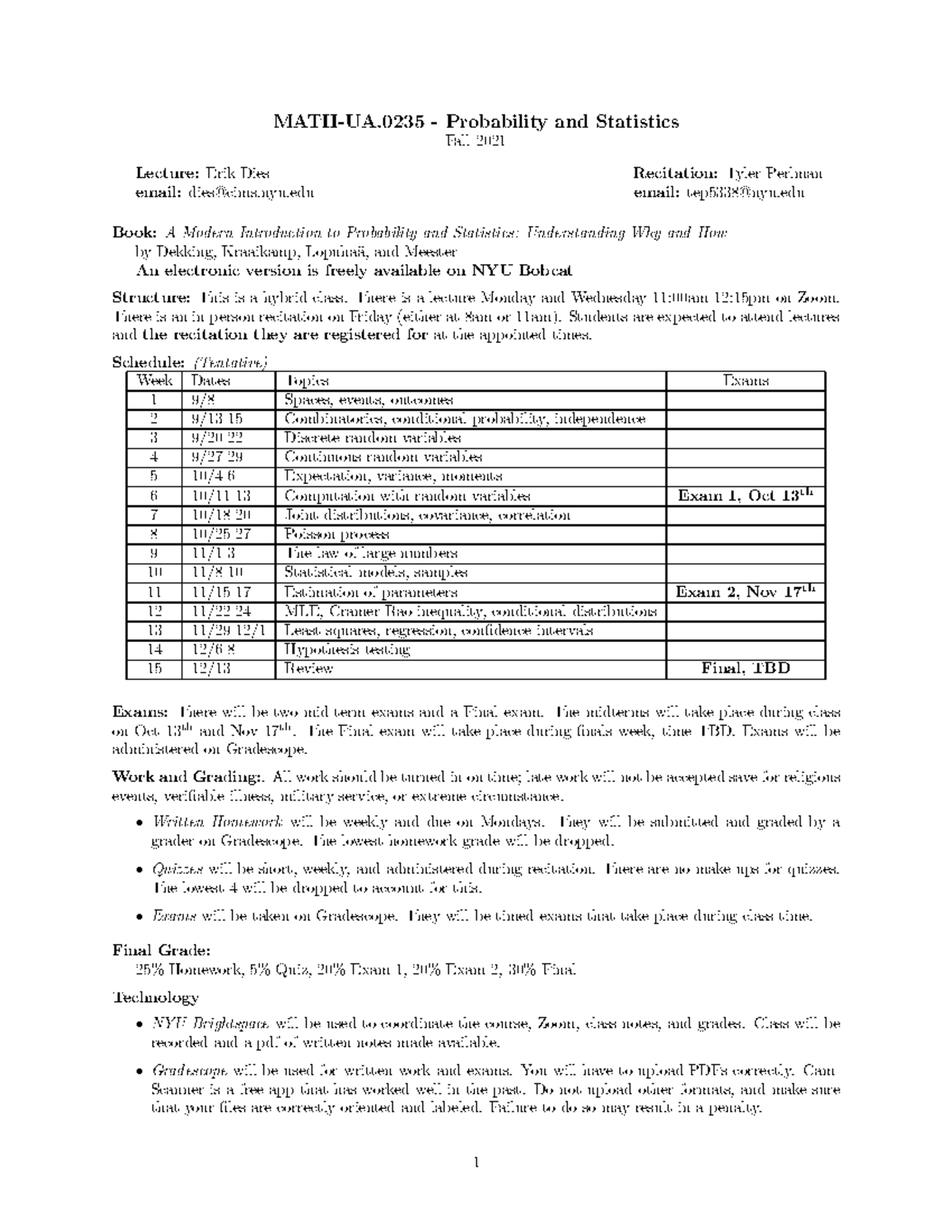 Math-UA 235: Probability & Statistics Fall 2021 Lecture Notes - Studocu