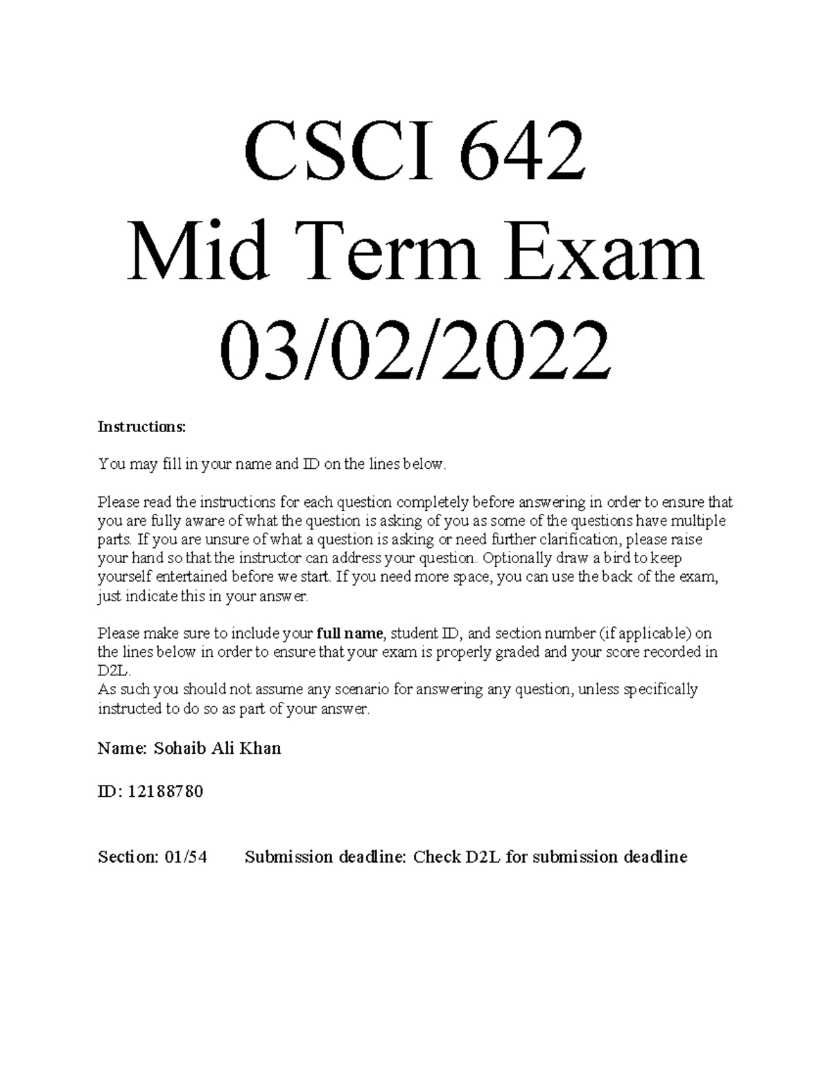 CSCI 642 Midterm Exam Instructions and Content Overview - Studocu
