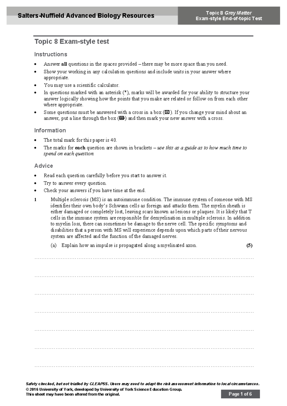 Topic 8 Exam-Style Test Notes for Biology (Salters-Nuffield) - Studocu