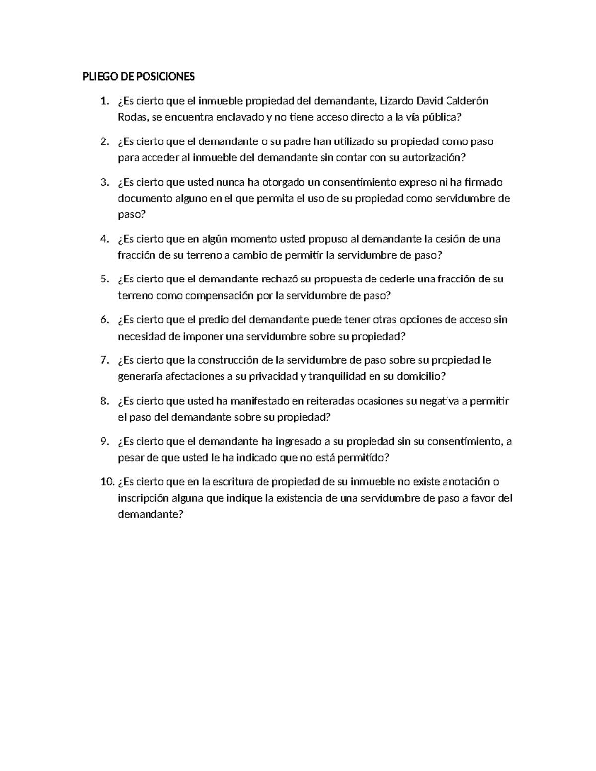 Pliego DE Posiciones PARA Responder LA Parte Actora - PLIEGO DE ...
