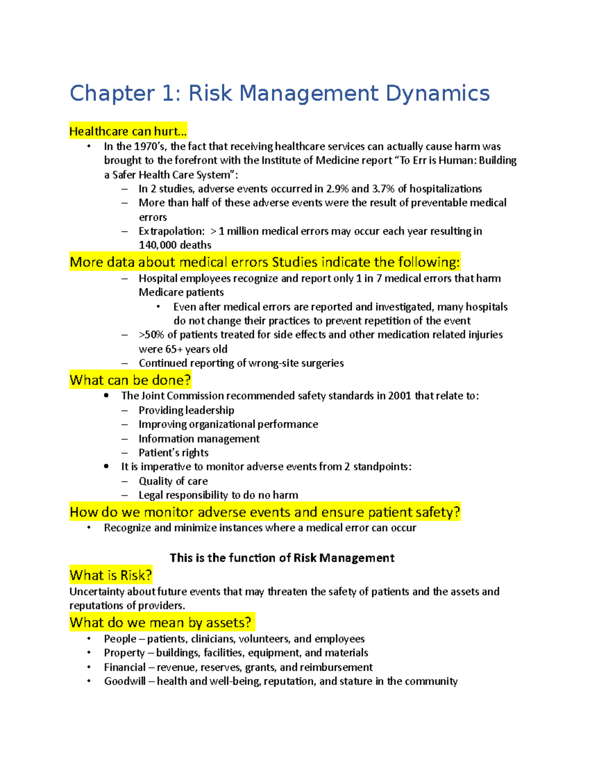 Chapter 1: Dynamics of Risk Management in Healthcare - Studocu