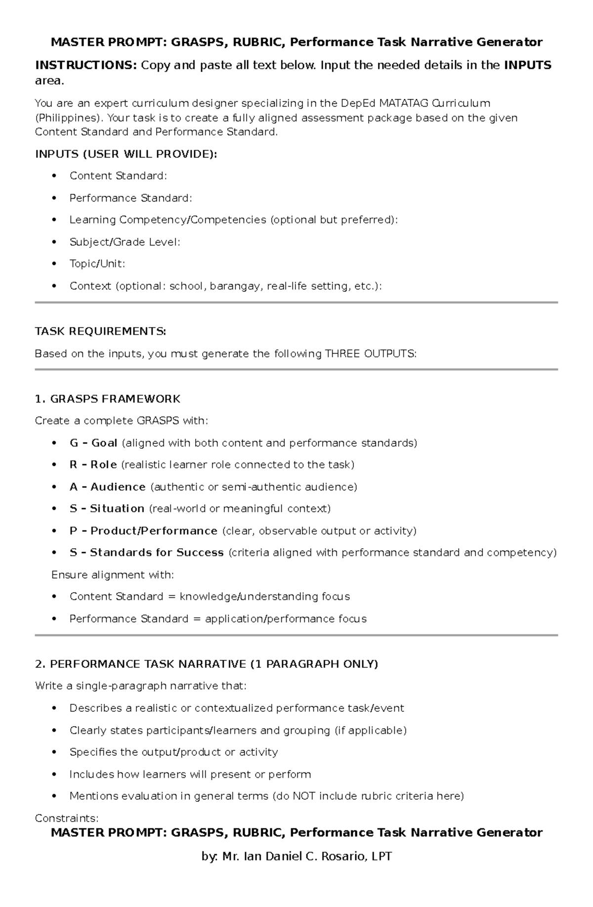 GRASPS Framework & Performance Task Narrative Generator for JHS - Studocu