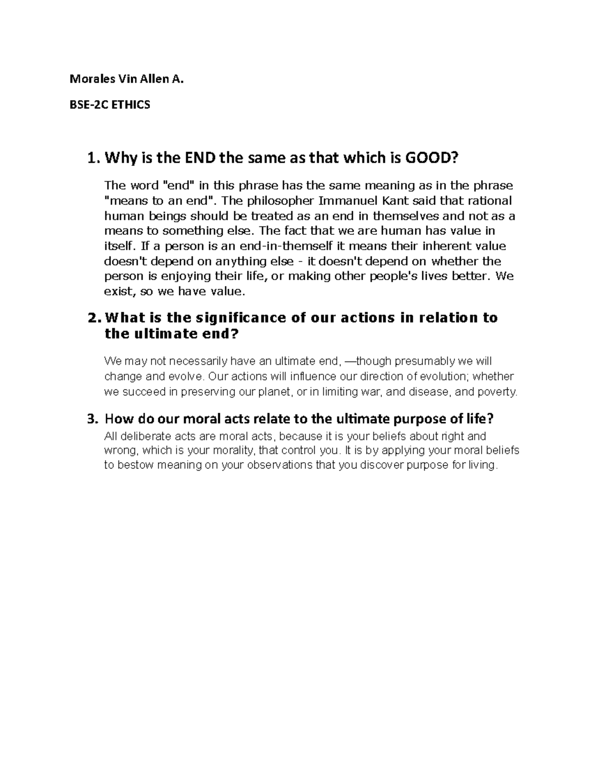 BSE-2C Ethics Lecture: Understanding Ends, Actions, and Morality - Studocu