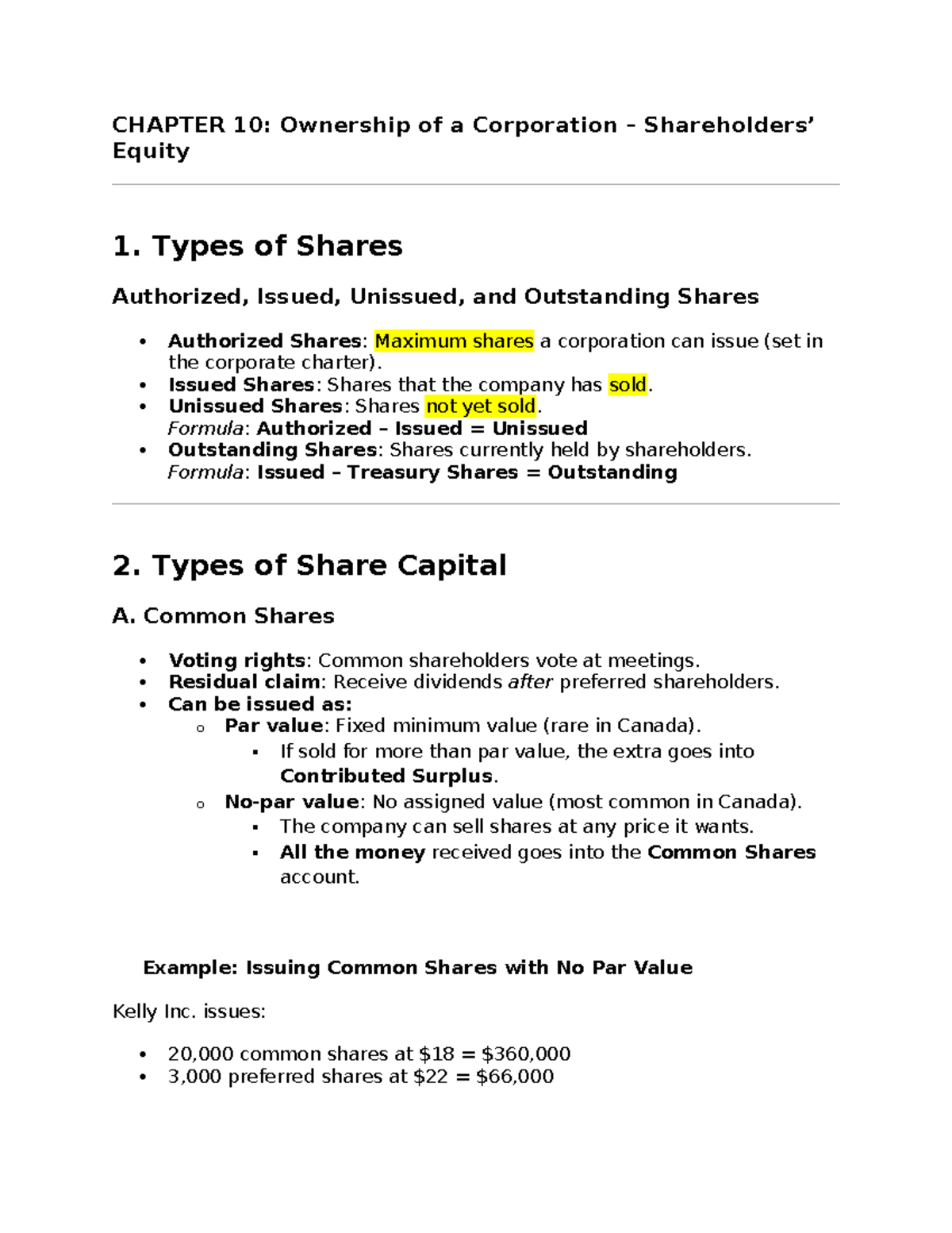 Ch 10 comm 217 - notes - CHAPTER 10: Ownership of a Corporation ...