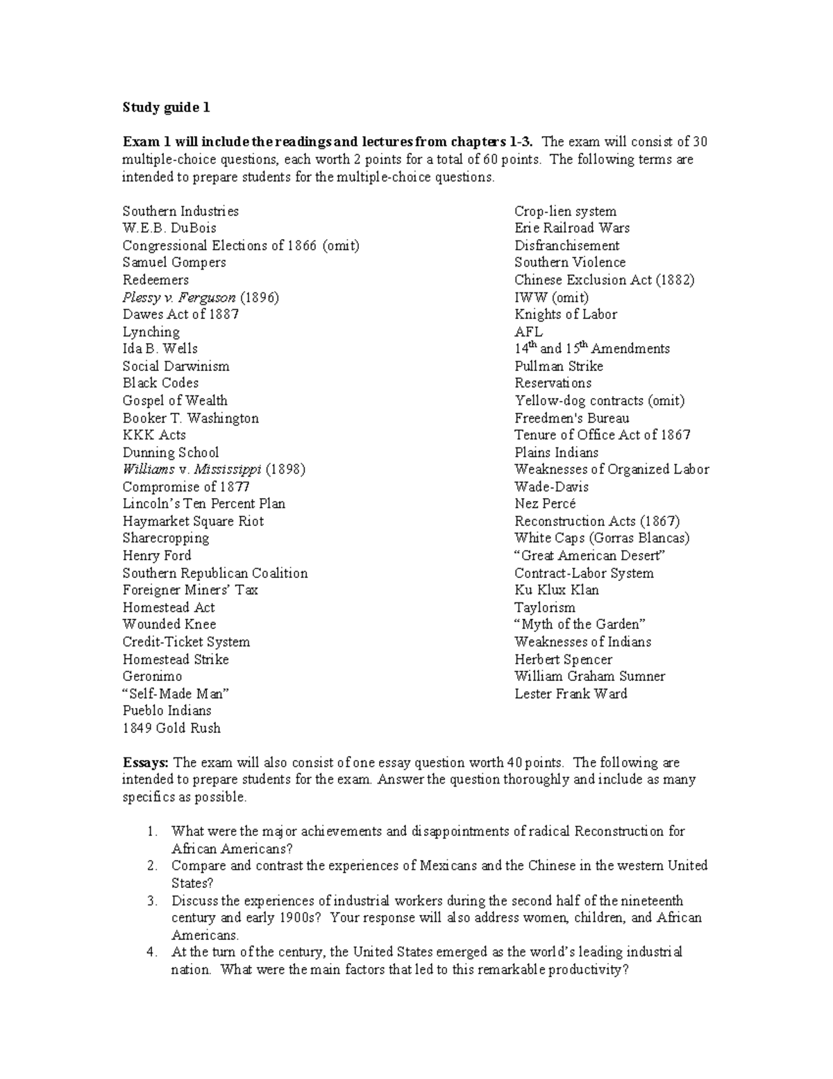 Review Guide for Exam 1 (Spring 25): Key Terms & Essay Prep - Studocu