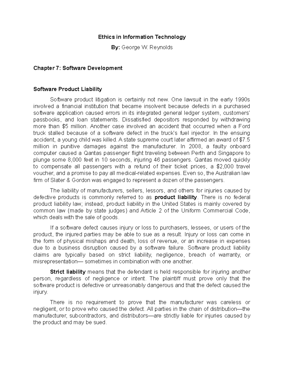 Software Product Liability in Chapter 7 of Ethics in IT - Studocu