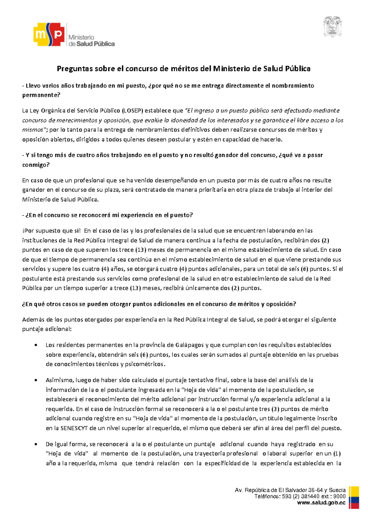 Preguntas sobre el Concurso de Méritos y Oposición - MSP - Studocu